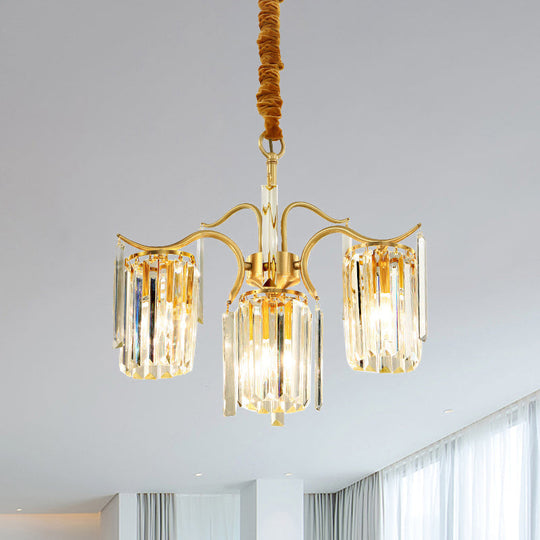 Brass Crystal Prism Chandelier - Elegant 4-Bulb Cylinder Down Lighting for Dining Table