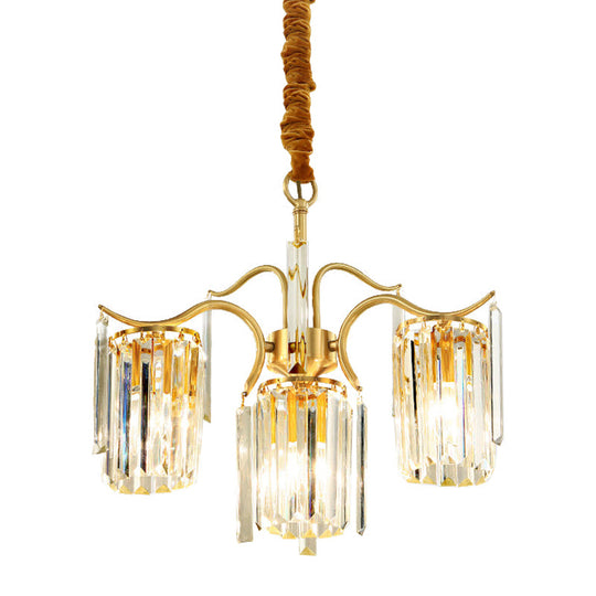 Brass Crystal Prism Chandelier - Elegant 4-Bulb Cylinder Down Lighting For Dining Table