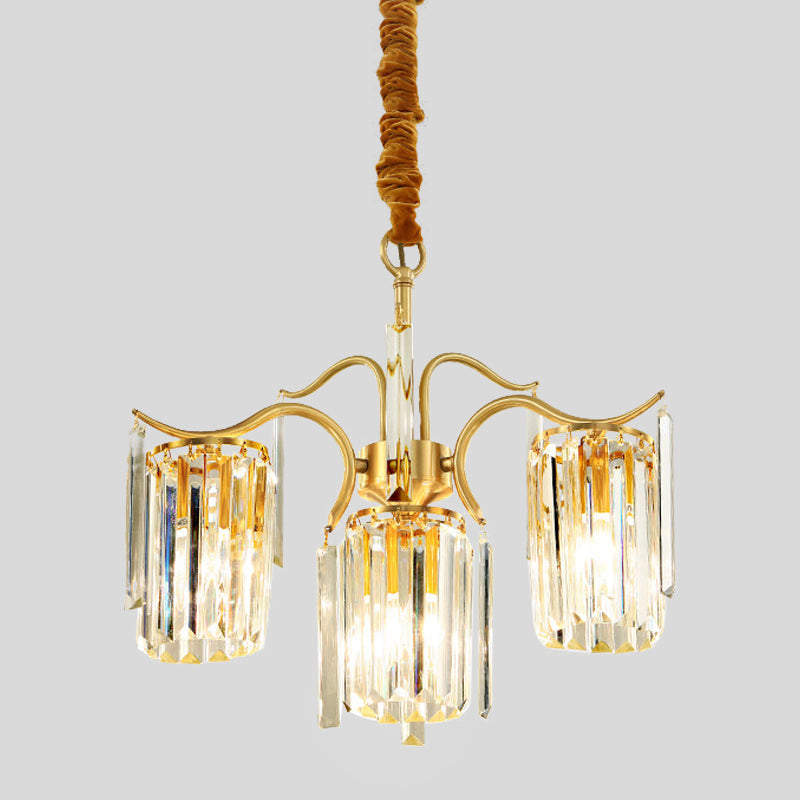 Brass Crystal Prism Chandelier - Elegant 4-Bulb Cylinder Down Lighting for Dining Table