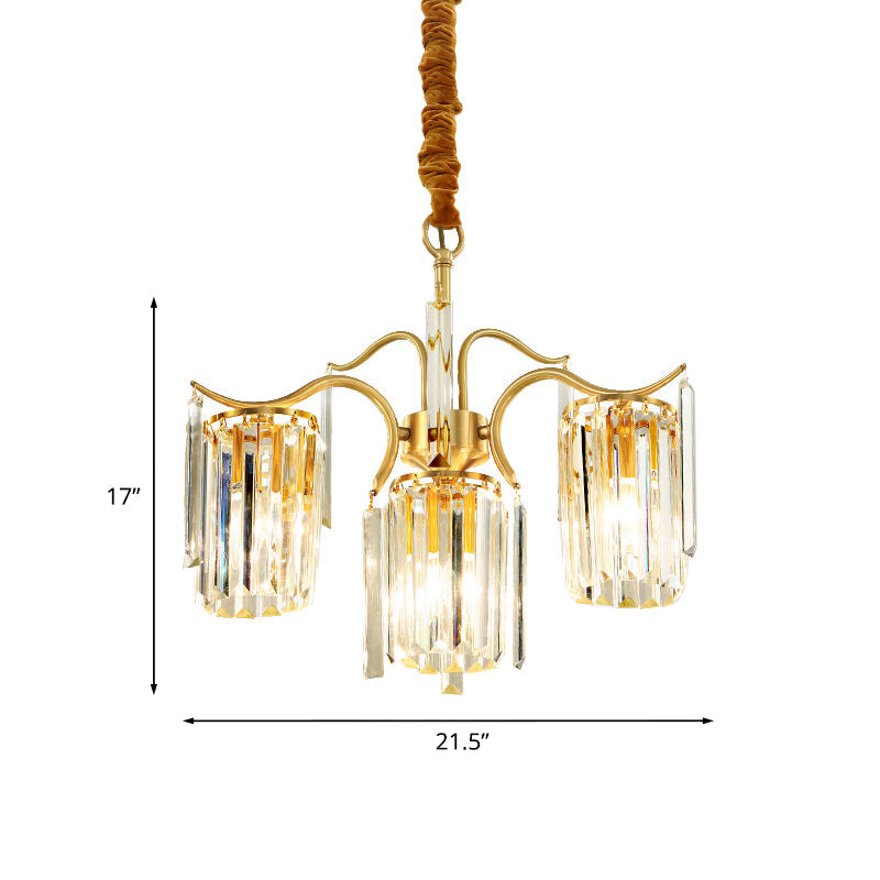 Brass Crystal Prism Chandelier - Elegant 4-Bulb Cylinder Down Lighting For Dining Table