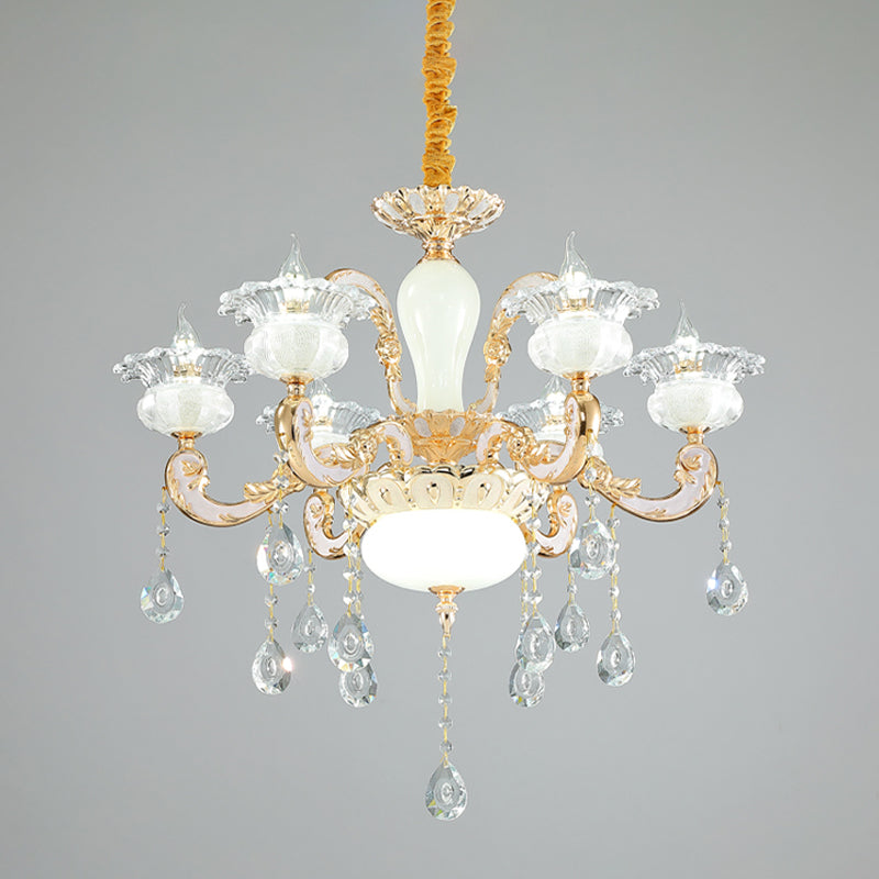 6-Light Gold Blossom Chandelier with Clear and Opal Glass - Contemporary Pendant for Bedroom