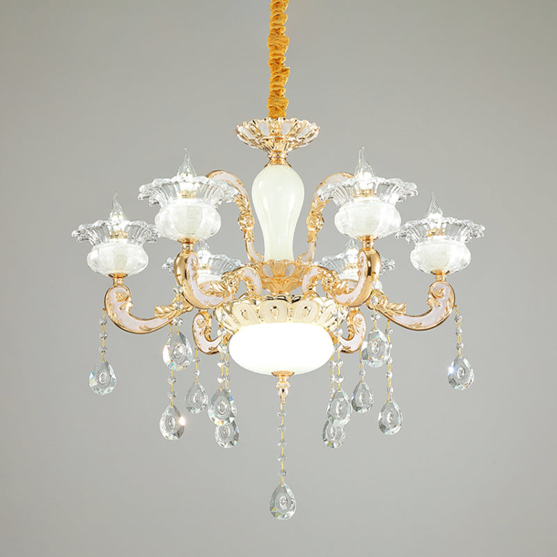 6-Light Gold Blossom Chandelier with Clear and Opal Glass - Contemporary Pendant for Bedroom