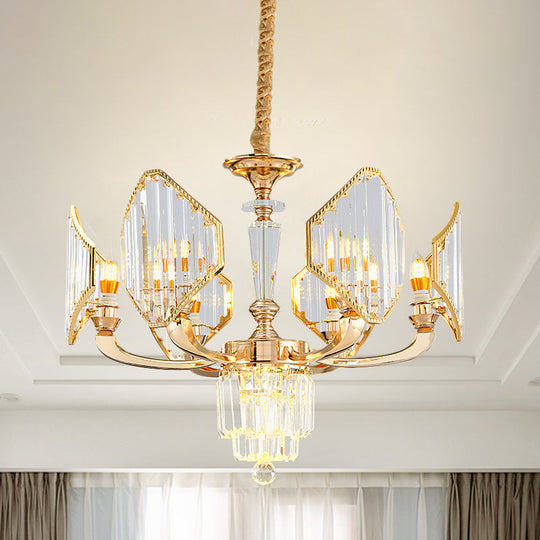 Gold Crystal Ceiling Chandelier - 6-Bulb Rhombus Paneled Pendant Light in Postmodern Style