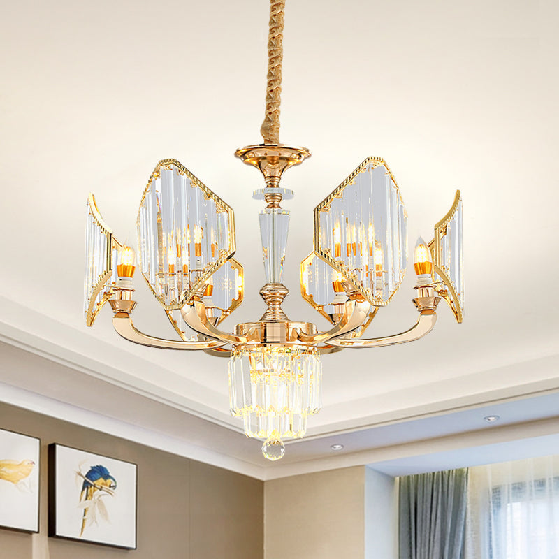 Gold Crystal Ceiling Chandelier - 6-Bulb Rhombus Paneled Pendant Light in Postmodern Style