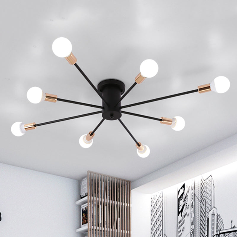 Modern Black Starburst Semi Flush Ceiling Light with Bare Bulb Design - 6/8/10 Lights, Ideal for Bedrooms