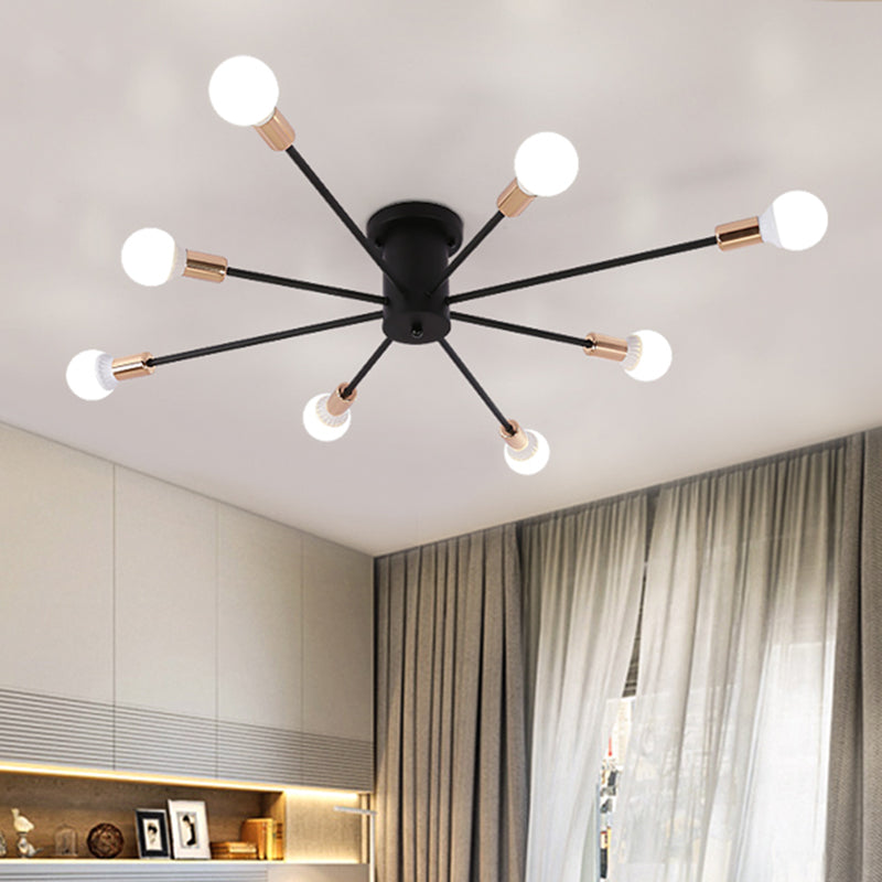 Modern Black Starburst Semi Flush Ceiling Light with Bare Bulb Design - 6/8/10 Lights, Ideal for Bedrooms