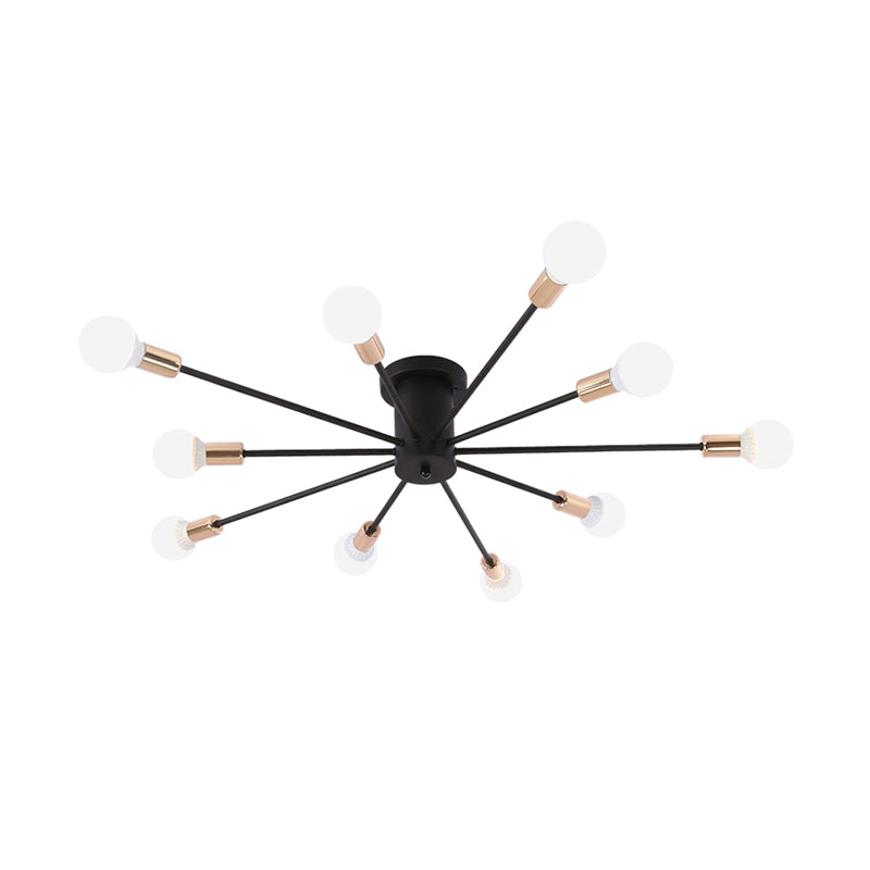 Modern Black Starburst Semi Flush Ceiling Light with Bare Bulb Design - 6/8/10 Lights, Ideal for Bedrooms