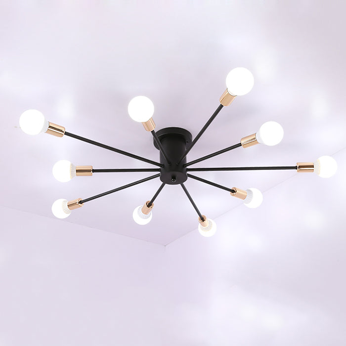 Modern Black Starburst Semi Flush Ceiling Light with Bare Bulb Design - 6/8/10 Lights, Ideal for Bedrooms