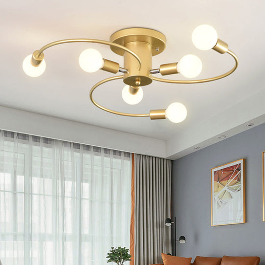 Nordic Metal Gold/Black Swirl Semi Flush Mount Ceiling Light - 6 Lights for Living Room