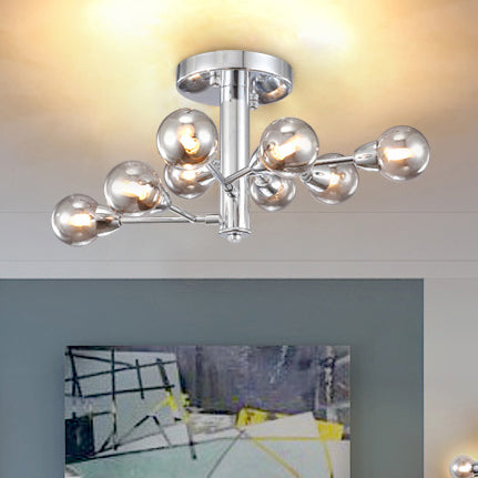 Modern Semi Flush Mount Chandelier - Silver Sphere with Smoke Glass, Multi Lights