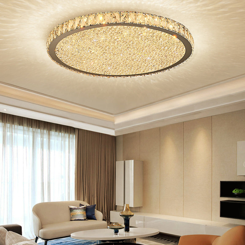 Modern Crystal Circular Flush Mount Light - 1-Light Clear/Amber LED Ceiling Fixture in Warm/White Light, Available in 8.5"/14"/18" Widths