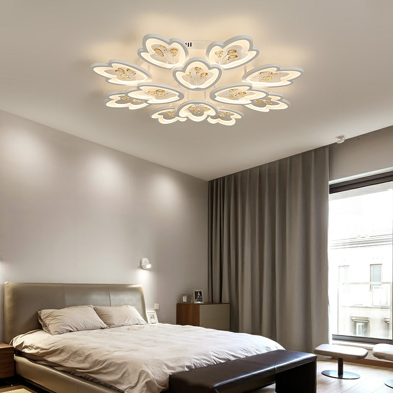 LED Bedroom Flush Light with Leaves Acrylic Shade - 3/5/9-Light Options - White Ceiling Lamp in Warm/White/Natural Light