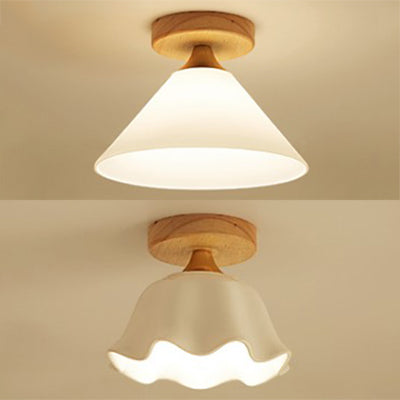 Modern Glass Ceiling Lamp with White Shade Cone and Wooden Canopy for Foyer - One Light Scalloped Ceiling Mount