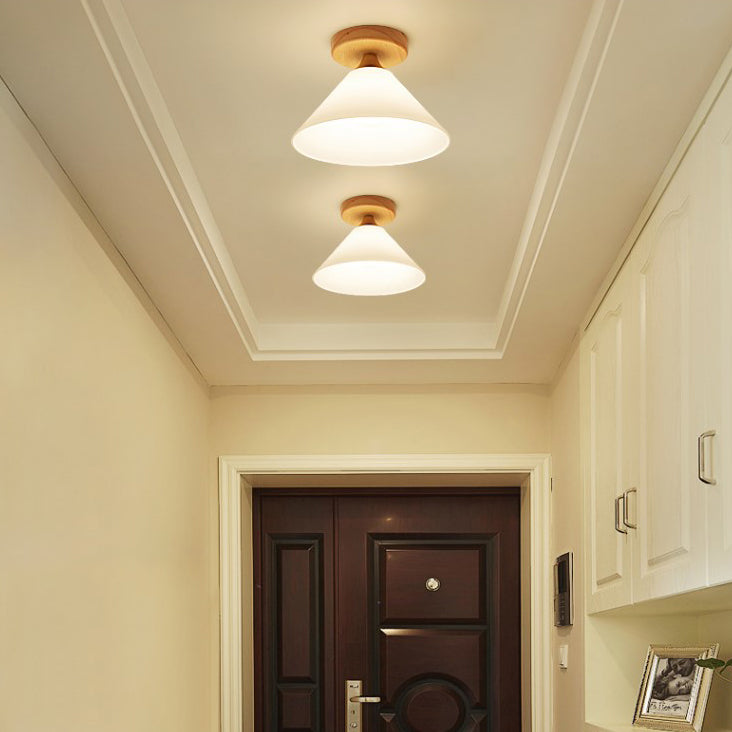 Modern Glass Ceiling Lamp with White Shade Cone and Wooden Canopy for Foyer - One Light Scalloped Ceiling Mount