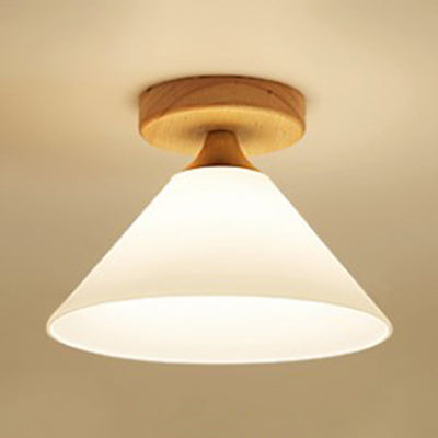 Modern Glass Ceiling Lamp with White Shade Cone and Wooden Canopy for Foyer - One Light Scalloped Ceiling Mount