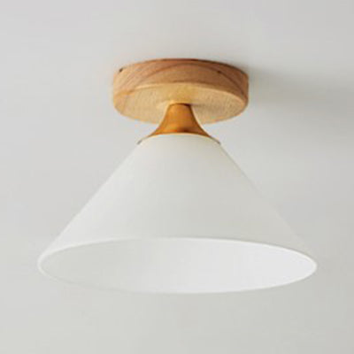 Modern Glass Ceiling Lamp with White Shade Cone and Wooden Canopy for Foyer - One Light Scalloped Ceiling Mount