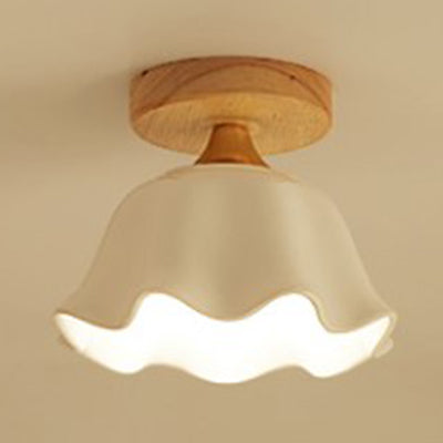 Modern Glass Ceiling Lamp with White Shade Cone and Wooden Canopy for Foyer - One Light Scalloped Ceiling Mount