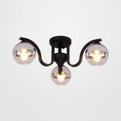 Simple Style Study Room Ceiling Light - Globe Shade Clear Glass 3 Lights Semi Mount Black