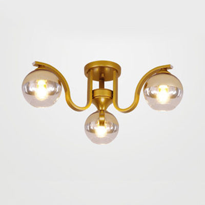 Simple Style Study Room Ceiling Light - Globe Shade, Clear Glass, 3 Lights - Semi Ceiling Mount