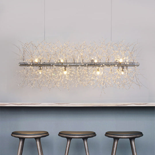 Modernist Metallic Branch Island Pendant Light | Silver Hanging Lamp With Crystal Bead Deco