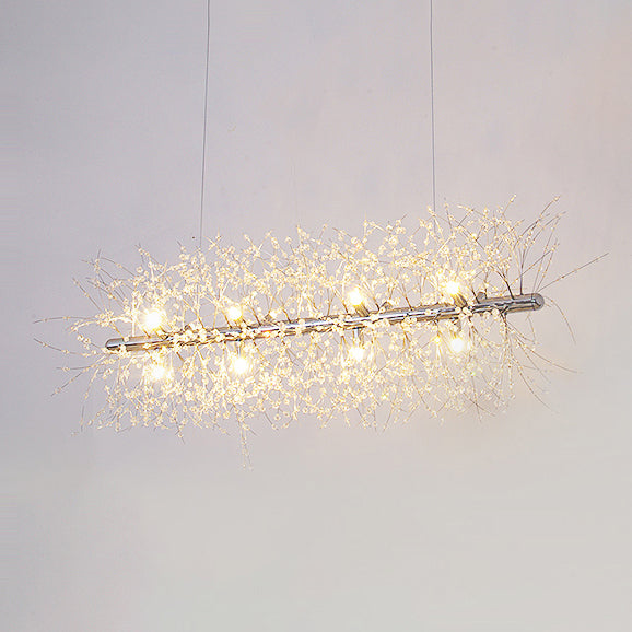 Modernist Metallic Branch Island Pendant Light | Silver Hanging Lamp With Crystal Bead Deco