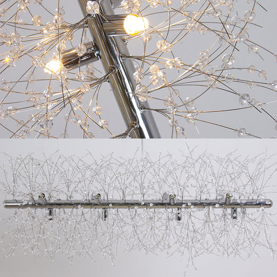 Modernist Metallic Branch Island Pendant Light | Silver Hanging Lamp With Crystal Bead Deco