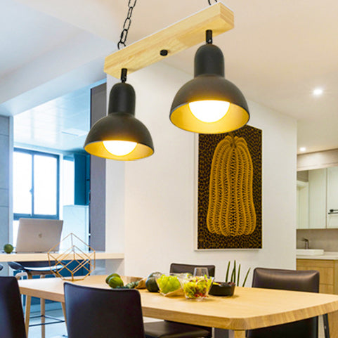 Modern Black And White Island Chandelier With Wooden Shade For Dining Table - 2/3 Lights