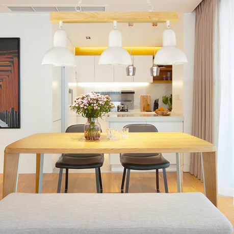 Modern Black And White Island Chandelier With Wooden Shade For Dining Table - 2/3 Lights