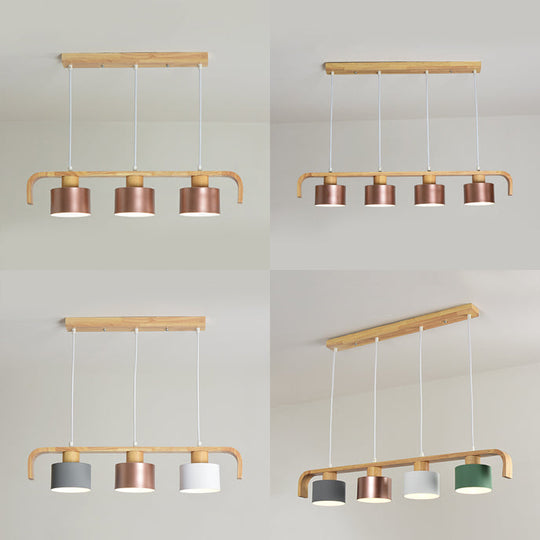 Modern Rose Gold Drum Island Chandelier With Multicolored Wood Accent - 3/4 Head Hanging Light For