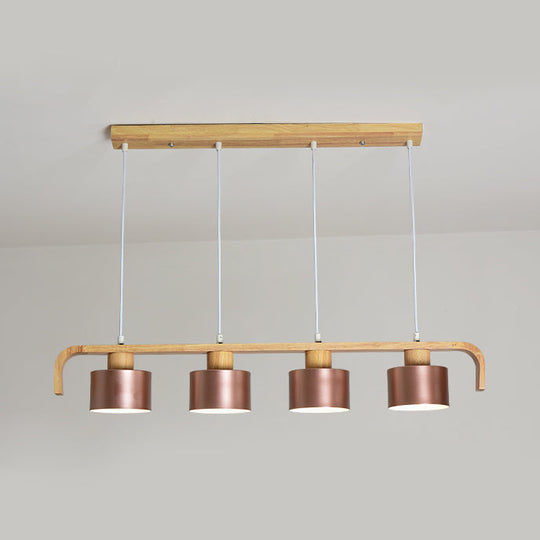 Modern Rose Gold Drum Island Chandelier With Multicolored Wood Accent - 3/4 Head Hanging Light For