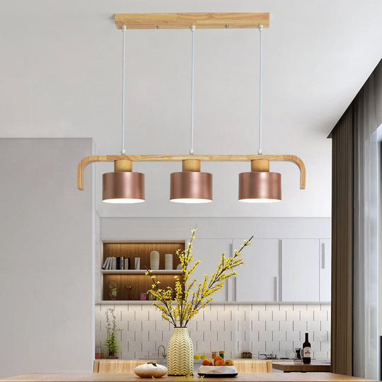 Modern Rose Gold Drum Island Chandelier With Multicolored Wood Accent - 3/4 Head Hanging Light For