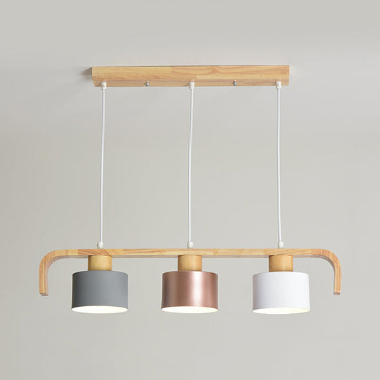 Modern Rose Gold Drum Island Chandelier With Multicolored Wood Accent - 3/4 Head Hanging Light For