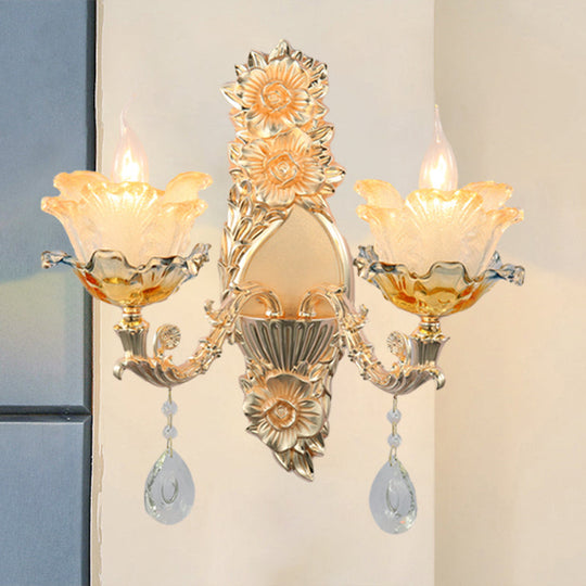 Gold Crystal Wall Sconce With Mid-Century Flower Shades - 2 Heads