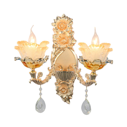 Gold Crystal Wall Sconce With Mid-Century Flower Shades - 2 Heads