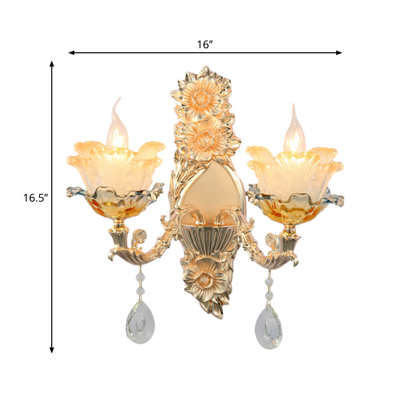 Gold Crystal Wall Sconce With Mid-Century Flower Shades - 2 Heads