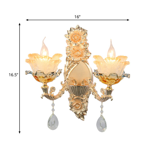 Gold Crystal Wall Sconce With Mid-Century Flower Shades - 2 Heads