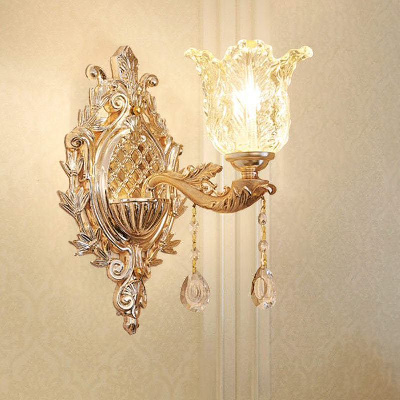 Gold Floral Glass Wall Light With Ruffled Shade - Bedroom Mounted Lamp