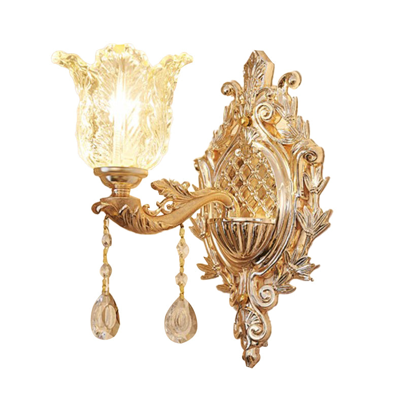 Gold Floral Glass Wall Light With Ruffled Shade - Bedroom Mounted Lamp