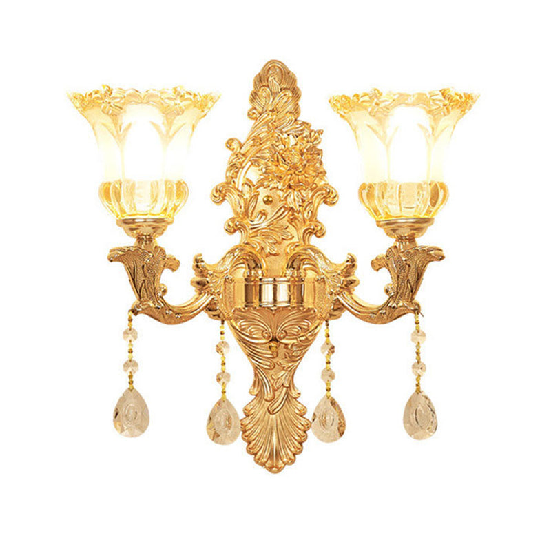 Mid Century Gold Flower Wall Sconce - 2-Light Ruffle Glass Lamp