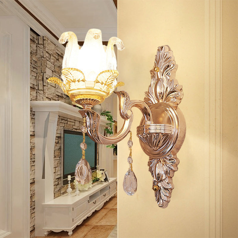 Gold Floral Bedroom Sconce With Crystal Glass For Traditional Wall Lighting