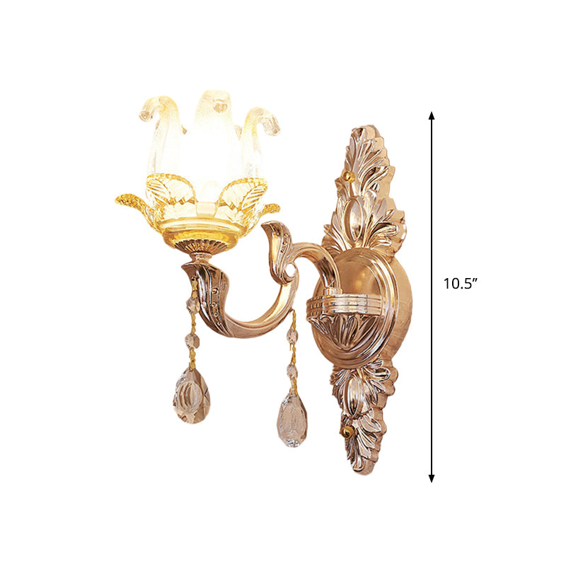 Gold Floral Bedroom Sconce With Crystal Glass For Traditional Wall Lighting