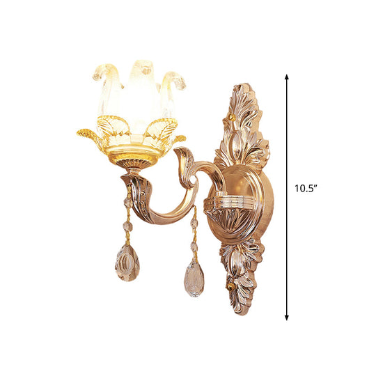 Gold Floral Bedroom Sconce With Crystal Glass For Traditional Wall Lighting