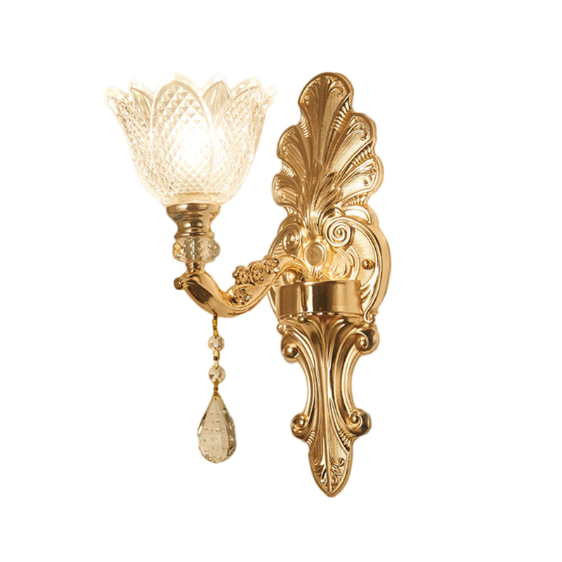 Mid-Century Gold Latticed Glass Wall Sconce - Flower Clear 1/2-Light Hallway Lighting