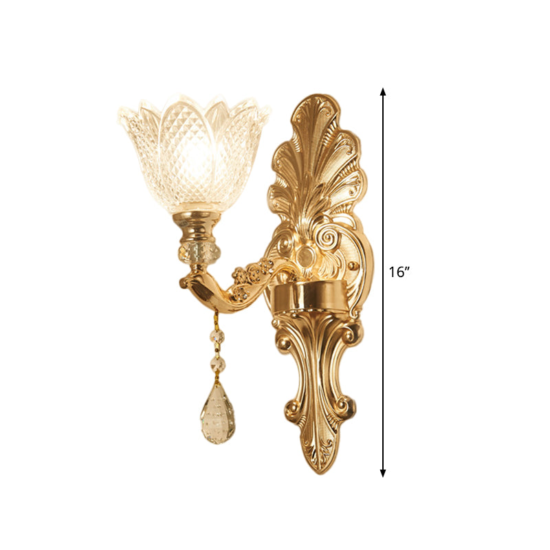 Mid-Century Gold Latticed Glass Wall Sconce - Flower Clear 1/2-Light Hallway Lighting