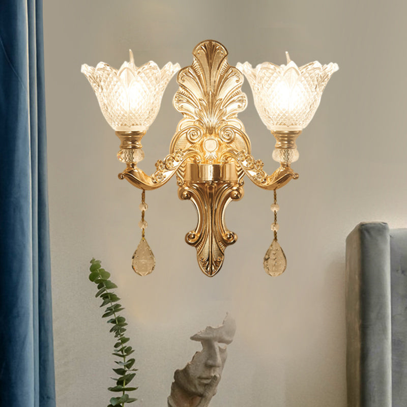 Mid-Century Gold Latticed Glass Wall Sconce - Flower Clear 1/2-Light Hallway Lighting