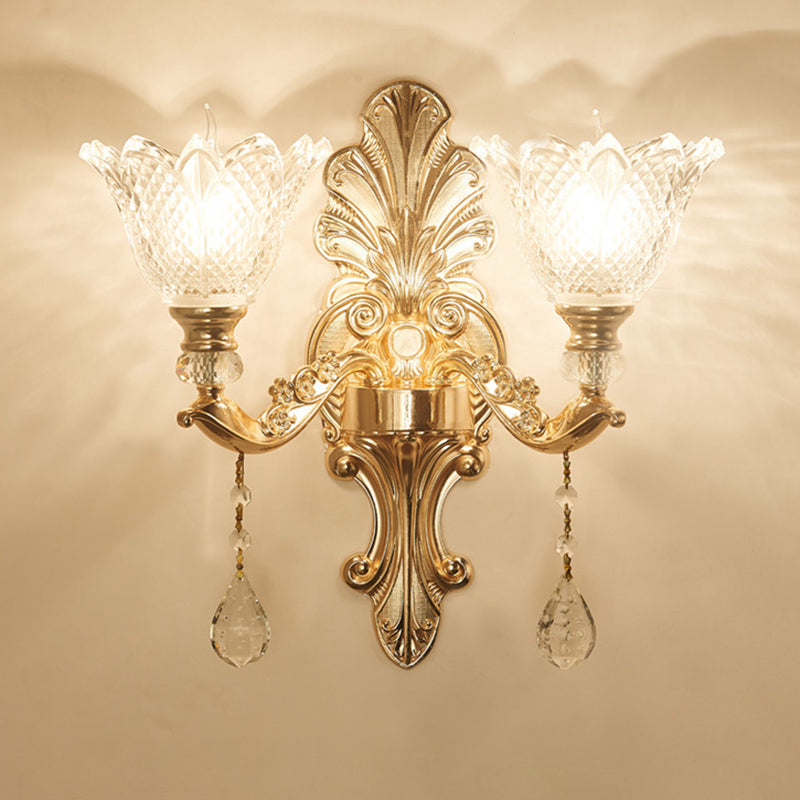 Mid-Century Gold Latticed Glass Wall Sconce - Flower Clear 1/2-Light Hallway Lighting