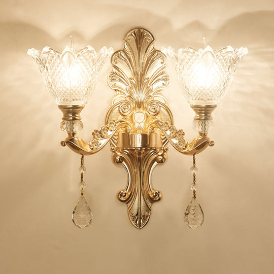 Mid-Century Gold Latticed Glass Wall Sconce - Flower Clear 1/2-Light Hallway Lighting