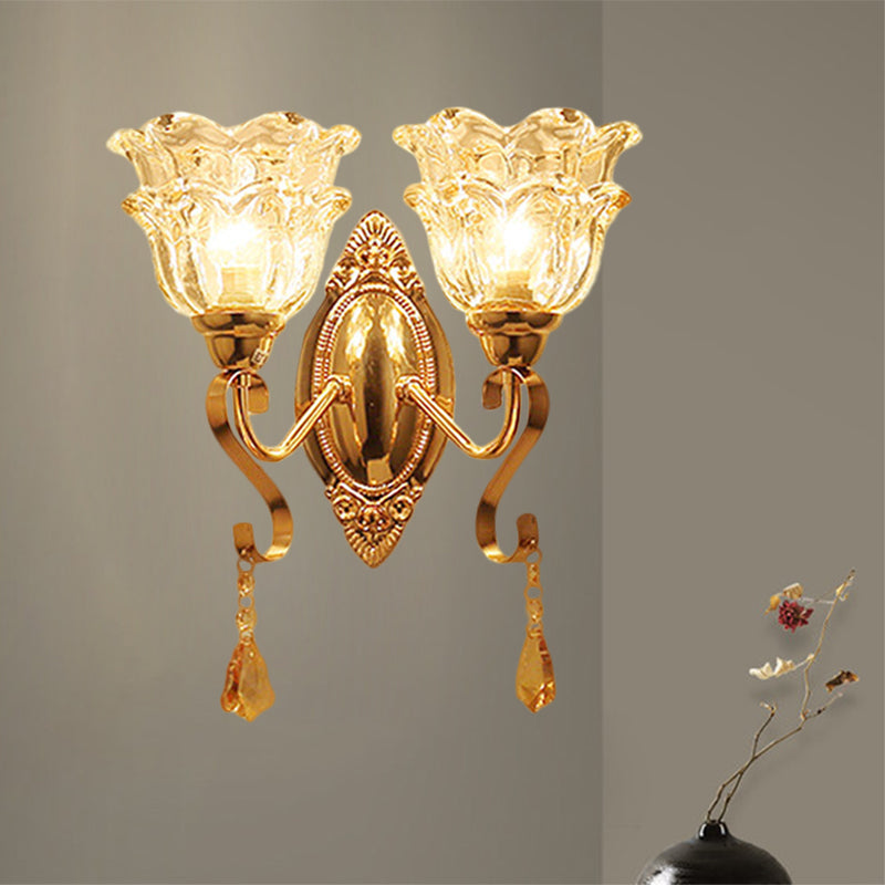 Traditional Wall Sconce Lamp Fixture: Gold 2-Light Clear Crystal Glass Flower Shade Lighting