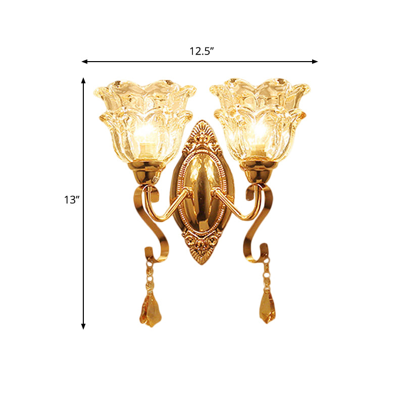 Traditional Wall Sconce Lamp Fixture: Gold 2-Light Clear Crystal Glass Flower Shade Lighting