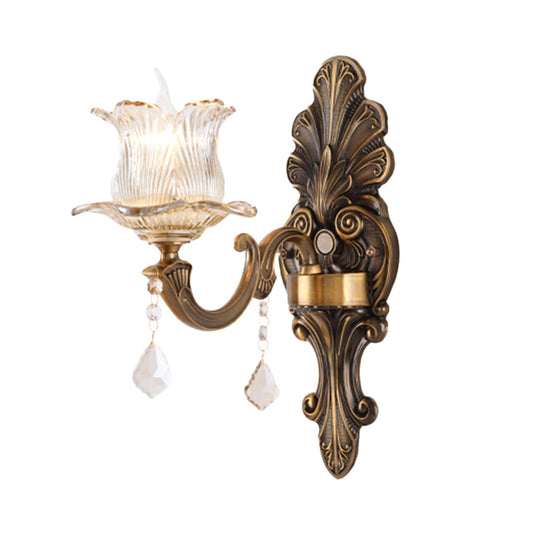 Antique Brass Wall Lamp: Single Mounted Bedside Light With Flower Shade & Clear Prismatic Glass